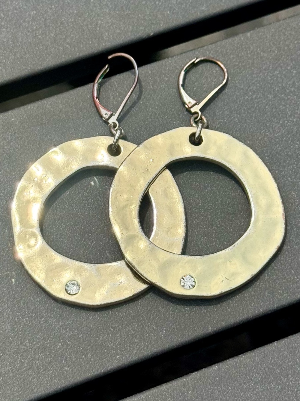 Hammered Gold Hoop Earrings Rhinestone Accent Large Textured Statement Boho
